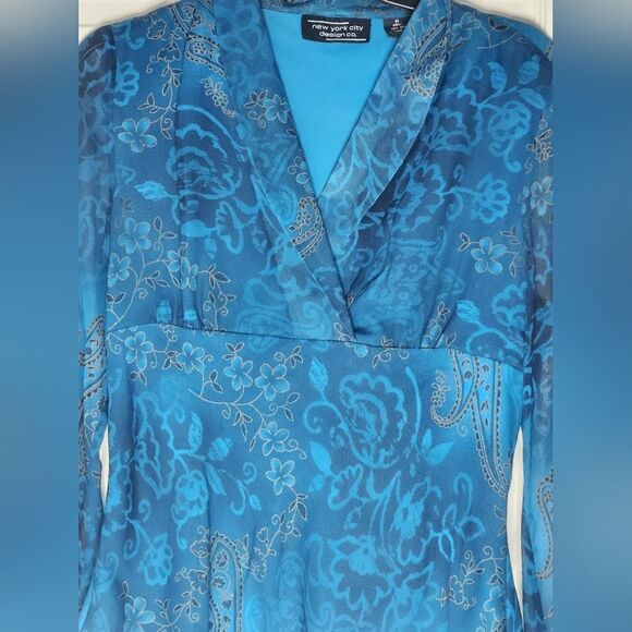 New York City M NavyUsafaBlue 100% SILK Bell Slv Lined Collar Women Blouse - Picture 4 of 12